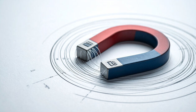 Horseshoe Magnet and Magnetic Field Lines: A striking horseshoe magnet, painted in red and blue, lies on a blueprint, demonstrating the invisible magnetic field lines radiating outwards.