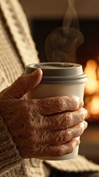 A Cozy Moment: An Elderly Hand Holding a Steaming Coffee Cup Next to a Warm Fireplace, Emphasizing Comfort and Nostalgia in a Serene Atmosphere