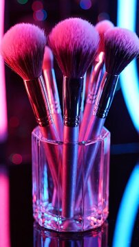 A Stunning Display of Vibrant Makeup Brushes Gleaming Under Neon Lights, Showcasing Their Soft Bristles and Elegant Design as the Perfect Beauty Tools for Any Makeup Enthusiast