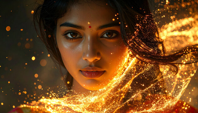 Woman portrait glowing particles