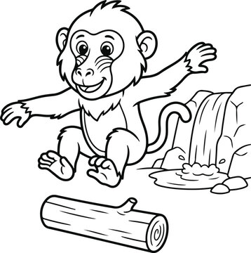Cute cartoon monkey jumping over a log near a waterfall