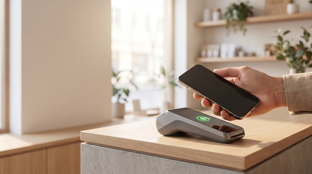A person's hand holds a smartphone near a payment terminal for a contactless transaction in a modern store.