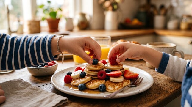 Children decorating mini pancakes with fresh berries