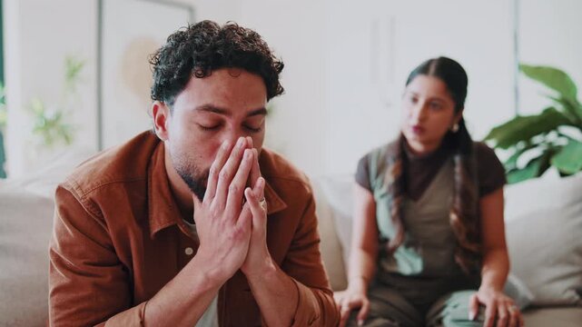Stress, couple and fight at house with argument, confrontation and betrayal of broken trust. Upset, people and conflict in lounge with disagreement, assumption and insecurity for infidelity suspicion