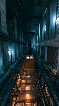 View from Inside Elevator Shaft Looking Upward Capturing Modern Architecture and Industrial Design Elements