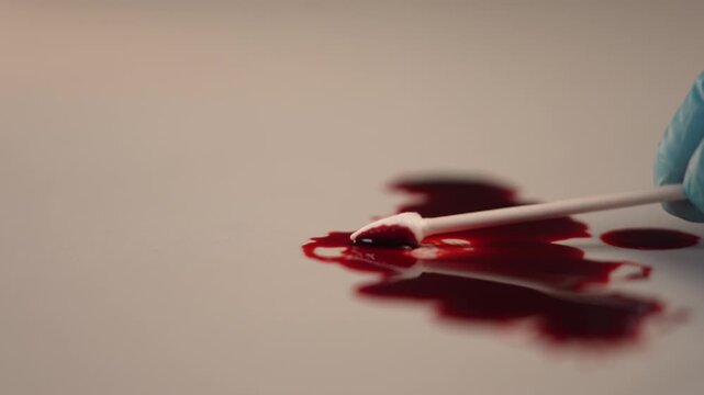 ⁠Side view zoom in of medical cotton swab dabbing blood sample on right side to inspect, left copy space layout, forensic crime scene investigation 