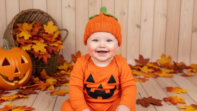 Adorable Baby in Pumpkin Costume for Halloween: A happy baby dressed as a pumpkin, complete with a knitted pumpkin hat and an orange jumpsuit featuring a carved pumpkin face.