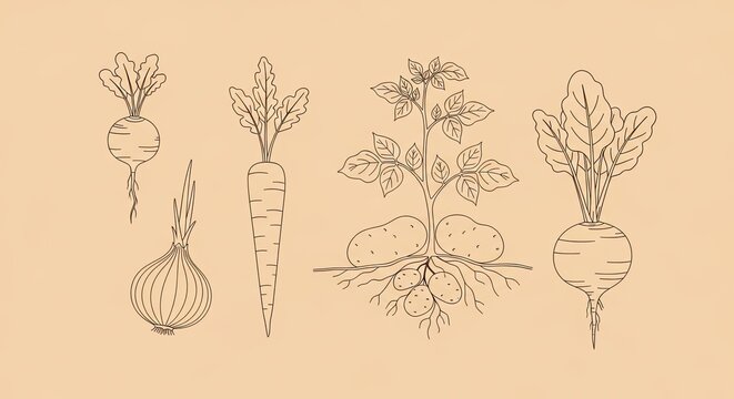 Organic Root Vegetables Hand-Drawn Sketch Set: Radish, Carrot, Potato, Onion, Beetroot. Botanical Line Art Food Illustration.