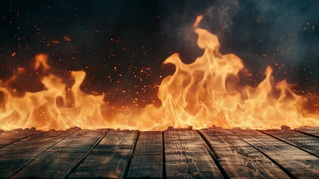 Inferno's Edge: A close-up view captures the intense heat and raw power of a vibrant flame licking at the surface of weathered wooden planks, set against a dark, smoky backdrop.