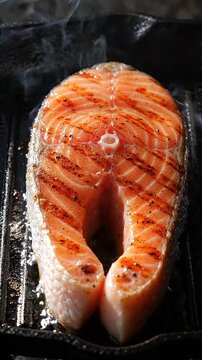 A Deliciously Grilled Salmon Fillet Showcasing Perfectly Caramelized Stripes and Juicy Tenderness, Emitting Aromatic Steam from the Hot Grill Pan
