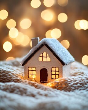 Cozy Snow Covered Miniature House with Warm Lights and Winter Bokeh Background