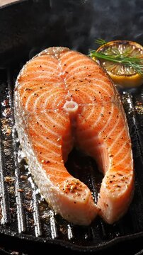 Deliciously Grilled Salmon Steaks with Perfect Grill Marks and a Touch of Lemon Garnish for that Extra Flavor Boost