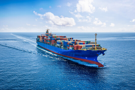 Aerial front view of a large container cargo ship sailing over the open ocean as a concept for transport and logistics