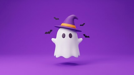Obraz premium Cute 3d white ghost wearing a purple witch hat isolated on a solid purple background for halloween
