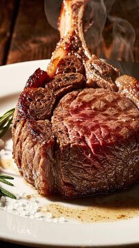 Succulent Tomahawk Steak Served with Aromatic Herbs and Seasoning, Showcasing Tender Juiciness and Perfectly Seared Crust for Meat Lovers.