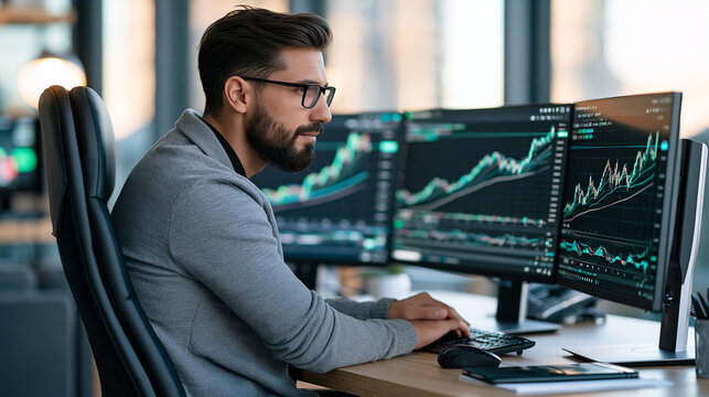 Stock trader faceless analyzing financial market charts on multi-screen workstation featuring real-time trading data, investment strategy, technical analysis, fintech technology,