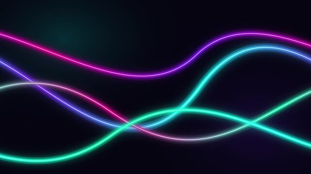 Glowing neon lines waving smoothly on black abstract background