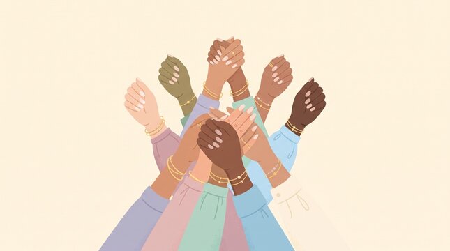 Diverse hands raised in unity and support