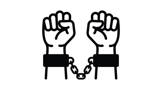Raised fists in heavy iron shackles depicted as bold black outline minimalist graphic vector icon
