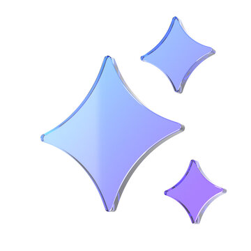 3D Rendering Glass Sparkle Star Trio Blue Purple Gradient AI Magic Shine Icon Composition Isolated on White