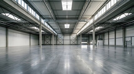Fototapeta premium Empty large warehouse interior with concrete floor and metal ceiling