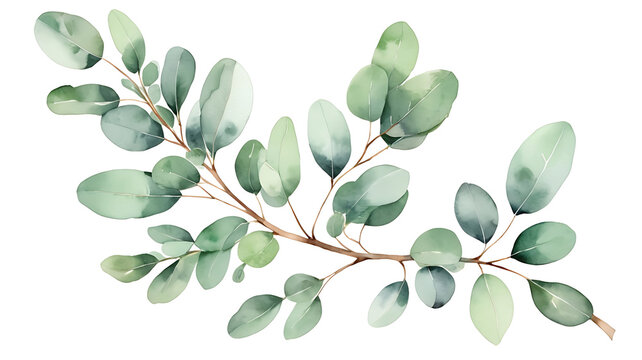 Green eucalyptus leaves branch corner arrangement watercolor illustration
