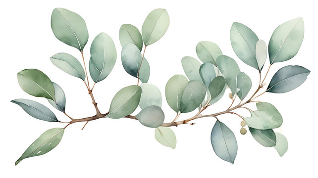 Eucalyptus leaf branch horizontal border watercolor illustration isolated on white