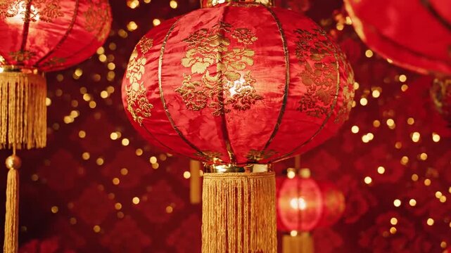 Red Chinese lanterns hanging in warm bokeh light