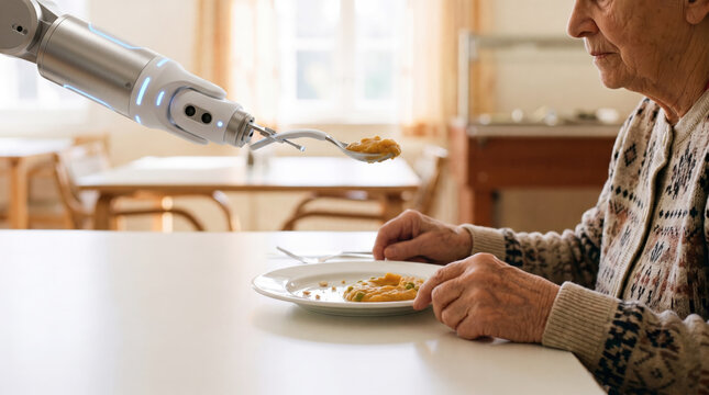 Helpful Robotic Arm Assisting Elderly Woman with Meal for Future Senior Care and Support Technology