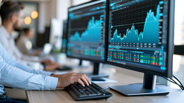 Multiple computer monitors displaying colorful stock market charts and graphs in modern office setting with blurred faceless colleagues working nearby, with copy space