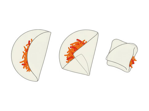 Illustration vectorielle montrant les &eacute;tapes de pliage d'une p&acirc;te &agrave; ravioli ou gyoza farcie avec une garniture orange sur un fond blanc &eacute;pur&eacute;, style didactique et minimaliste pour recette de cuisine.