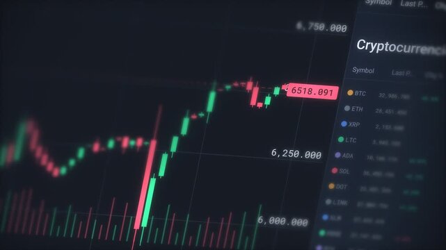 Cryptocurrency trading chart on a dark screen, with candlesticks, a highlighted price tag, volume bars, and a coin watchlist, at an angle