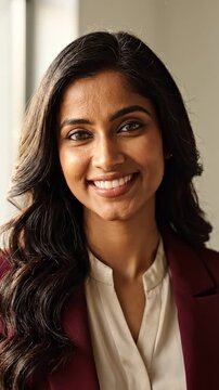 A Confident Professional Woman with Long, Dark Hair and a Warm Smile, Standing in an Office Environment, Radiating Positivity and Approachability in a Smart Outfit