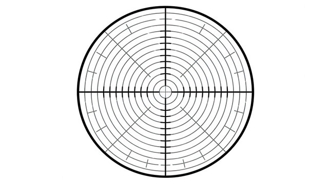Viseur de pr&eacute;cision avec r&eacute;ticule circulaire noir sur fond blanc, id&eacute;al pour les concepts de ciblage, de pr&eacute;cision, de strat&eacute;gie, de mesure technique et de focalisation visuelle sur un objectif