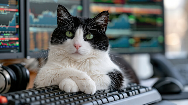 Black and white cat sits on desk with multiple monitors displaying stock market charts and graphs, defocused office pet with trading equipment, with copy space