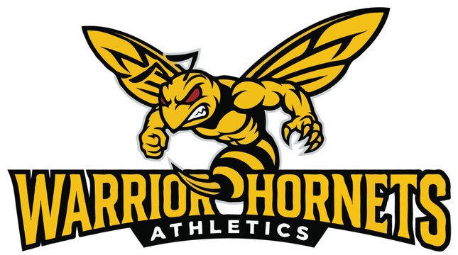 Aggressive Yellow Hornet Sports Mascot Logo with Warrior Hornets Athletics Text