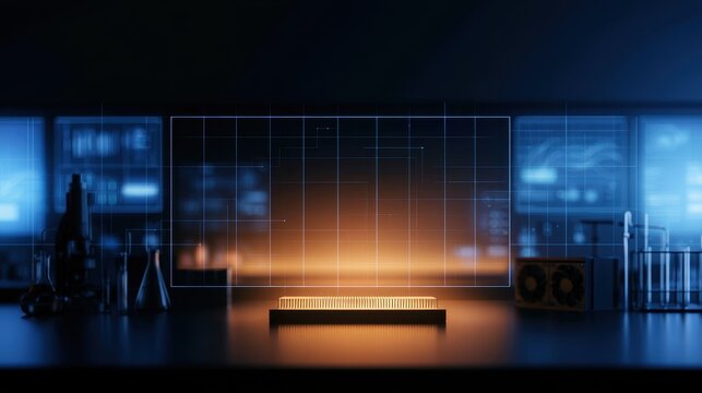 Quantum computing research concept featuring advanced processor components, laboratory instruments, abstract data structures, measurement equipment, technical diagrams, cooling hardware