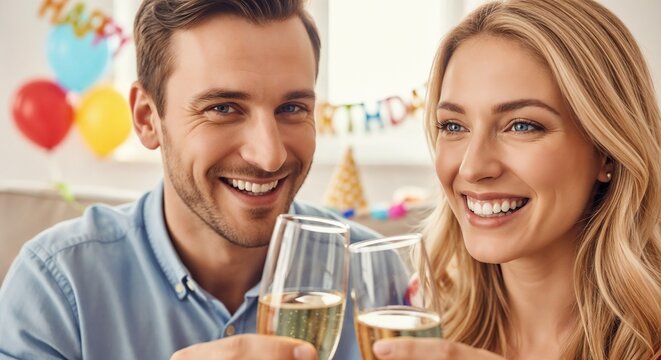 birthday celebration couple toasting champagne in living room with balloons and banner, friends gathered smiling around cozy sofa, birthday celebration with party hats and clinking glasses,