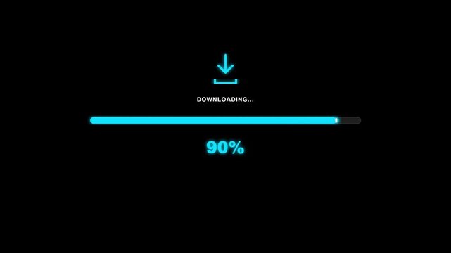 File downloading progress bar animation with glowing blue downward arrow on black background