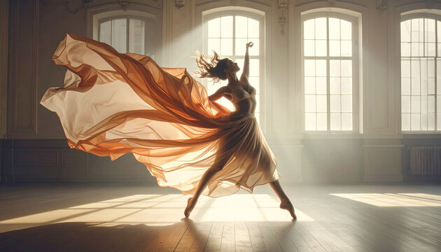 Woman dancing with flowing fabric