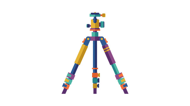 A vibrant, multi-colored camera tripod with adjustable legs and a ball head, standing upright.