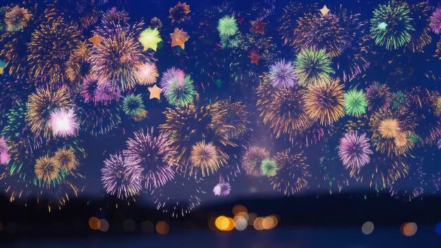 Panoramic colorful fireworks explosion burst in night sky over calm lake water with city bokeh lights festive celebration banner concept