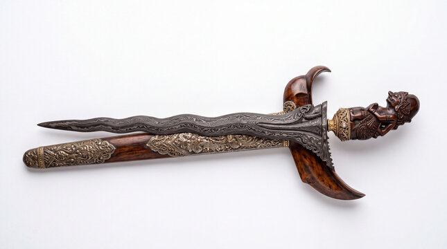 Traditional Indonesian Kris Dagger with Wavy Blade and Wooden Scabbard.