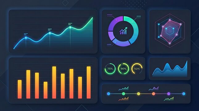 Modern Futuristic Data Analytics Dashboard Interface with Neon Charts and Graphs