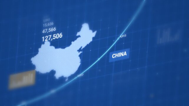China map with a rising growth line, data points, and figures, on a blue infographic background at an angle