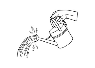 Hand holding watering can pouring water with energy flash line art doodle transparent PNG graphic element © Rudi