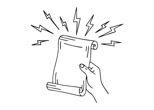 Hand holding paper scroll with lightning energy line art doodle transparent PNG graphic element