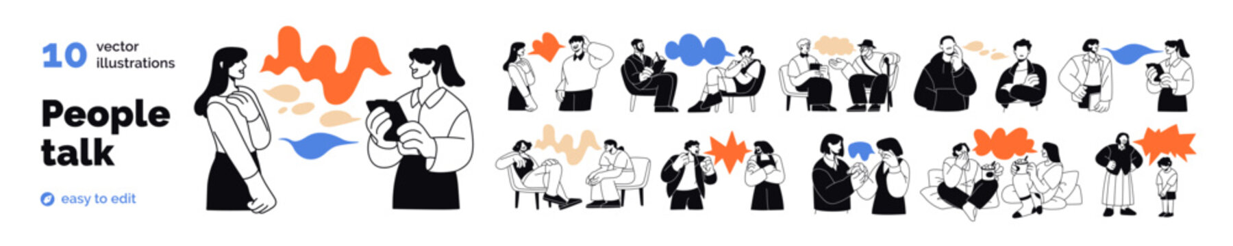 People talk, dialogues with speech bubbles. People chat with speech balloons. Dialogs, conversations and communication concept. Characters speak, gossip, talk. Flat vector illustrations isolated