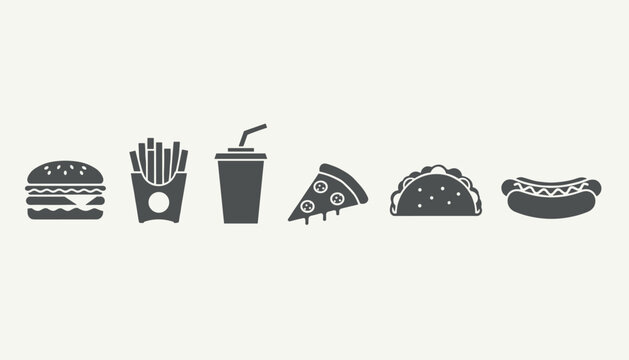 Six simple fast food silhouettes in gray color representing burger, fries, soda, pizza, taco, and a hotdog.