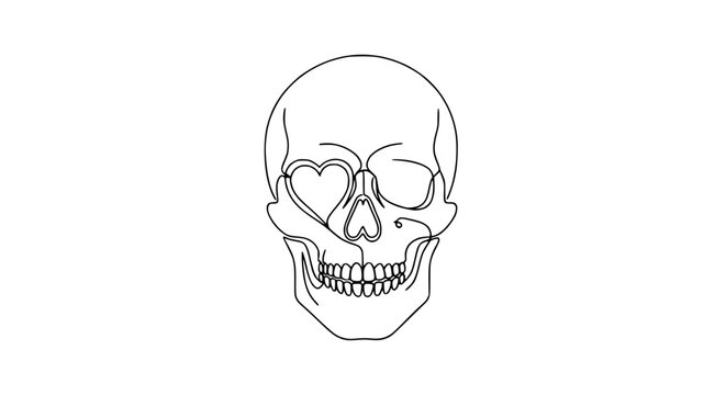 Minimalist line art skull with heart-shaped eye sockets isolated on white background